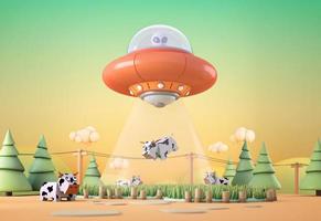 UFO flying with alien and  abduct a cow.3d rendering photo