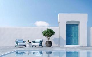 Santorini style architecture with armchairs plant door and swimming pool.3d rendering photo