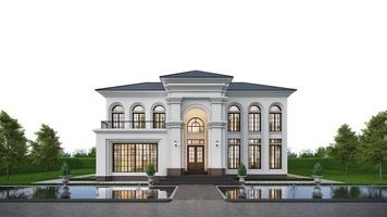 Classic house exterior with pond and landscape on white background.3d rendering photo