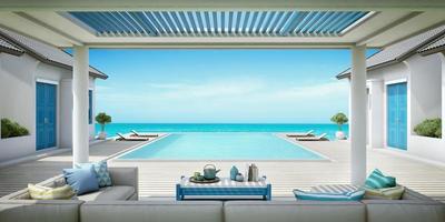 Villa pavilion santorini style with swimmimg pool and sea view.summer concept.3d rendering photo