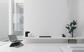 sala de estar interior mínima.muebles en blanco y negro en habitación blanca con planta.representación 3d foto