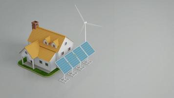 casa con ahorro de energía.paneles solares y molinos de viento.isometric.3d rendering foto