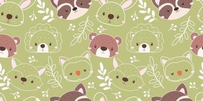 Cute animals face and floral seamless pattern vector