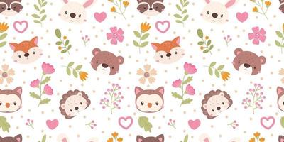 Cute animals face and floral seamless pattern vector