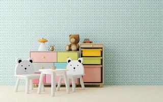 Pastel room for kid.Chairs,drawer,shelf and cute stuff with copy space.3d rendering photo