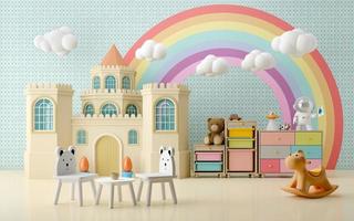 Pastel kid room.Chairs,drawer,shelf,castle,cute stuff and rainbow in background.3d rendering photo