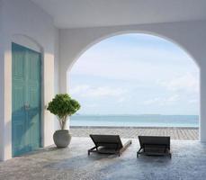 Santorini style architecture with sea view and sunbed.3d rendering photo