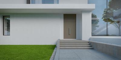 House entrance with white wall and lawn grass.3d rendering photo