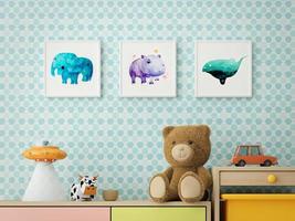 habitación en colores pastel para cajón de niños, estante y linda imagen en papel tapiz azul. Representación 3d foto