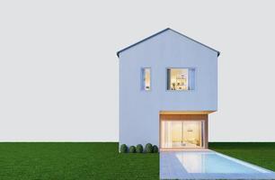 Casa minimalista moderna con piscina y césped aislado en el fondo.Representación 3D foto