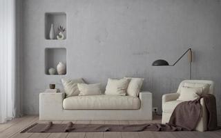 Mediterranean style living room interior.sofa,armchair on wooden floor and white concrete background.3d rendering photo