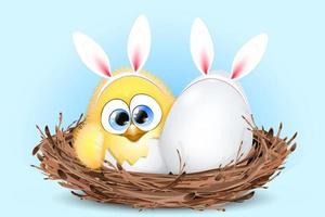 Cartoon Easter Egg and chick in birds nest with rabbit ears headband vector