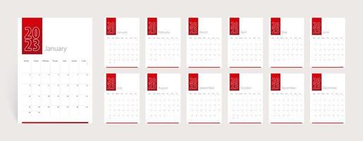 Diseño de calendario 2023, conjunto de 12 meses. la semana comienza el lunes. plantilla de calendario vertical. vector