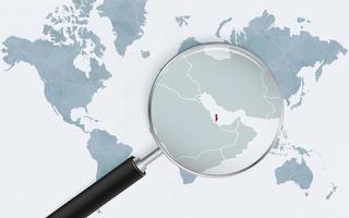 World map with a magnifying glass pointing at Qatar. Map of Qatar with the flag in the loop. vector