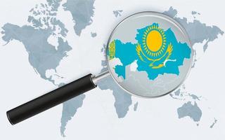 World map with a magnifying glass pointing at Kazakhstan. Map of Kazakhstan with the flag in the loop. vector