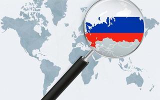 World map with a magnifying glass pointing at Russia. Map of Russia with the flag in the loop. vector