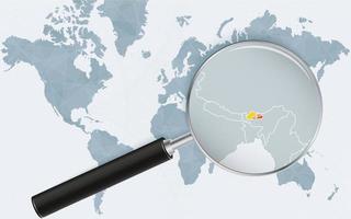 World map with a magnifying glass pointing at Bhutan. Map of Bhutan with the flag in the loop. vector