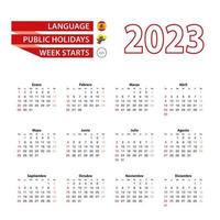 Calendar 2023 in Spanish language with public holidays the country of Ecuador in year 2023. vector