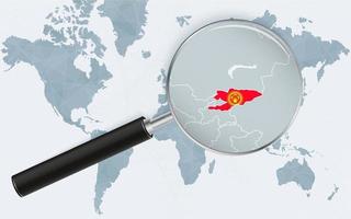 World map with a magnifying glass pointing at Kyrgyzstan. Map of Kyrgyzstan with the flag in the loop. vector