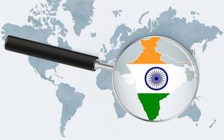 World map with a magnifying glass pointing at India. Map of India with the flag in the loop. vector