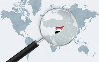 World map with a magnifying glass pointing at Syria. Map of Syria with the flag in the loop. vector