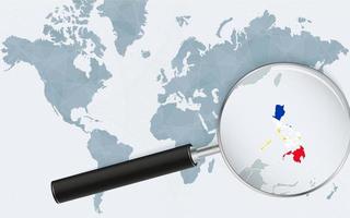 World map with a magnifying glass pointing at Philippines. Map of Philippines with the flag in the loop. vector