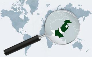 World map with a magnifying glass pointing at Pakistan. Map of Pakistan with the flag in the loop. vector