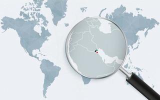 World map with a magnifying glass pointing at Kuwait. Map of Kuwait with the flag in the loop. vector