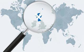 World map with a magnifying glass pointing at Scotland. Map of Scotland with the flag in the loop. vector