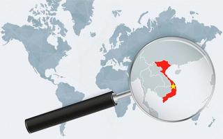 World map with a magnifying glass pointing at Vietnam. Map of Vietnam with the flag in the loop. vector