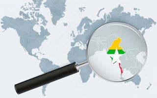 World map with a magnifying glass pointing at Myanmar. Map of Myanmar with the flag in the loop. vector