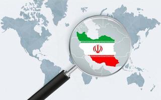 World map with a magnifying glass pointing at Iran. Map of Iran with the flag in the loop. vector