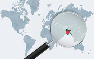 World map with a magnifying glass pointing at Bangladesh. Map of Bangladesh with the flag in the loop. vector