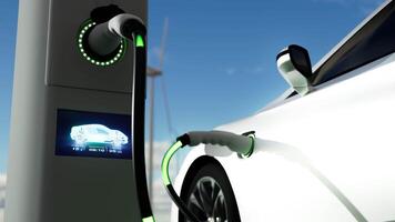 Realistic 3d rendering of Electric vehicle charging port plugging in car.  EV station with port plugged in car. Alternative energy, green energy recovery concept. video