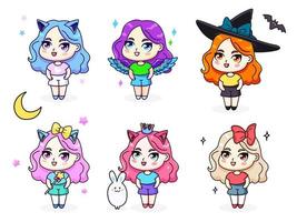 colección de lindas ilustraciones de chicas anime aisladas con diferentes accesorios y diferentes colores de cabello. pegatinas o insignias vectoriales de chibi. ilustraciones vectoriales para cualquier uso. vector