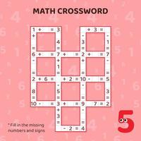 Math Crossword puzzle for kids. Addition and subtraction. Counting up to 10. Vector illustration