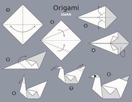 esquema de origami tutorial con cisne. elementos de origami aislados sobre fondo gris. papiroflexia para niños. paso a paso como hacer un cisne de origami. ilustración vectorial vector