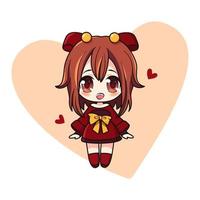 Cute and kawaii girl in dress with hearts. Happily manga chibi girl with red hearts. Vector Illustration. All objects are isolated. Art for prints, covers, posters and any use.