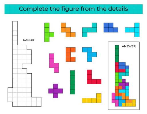 Puzzle game with Rabbit. Colorful details for children. Complete figure. Education game for kids, preschool worksheet activity. Puzzle game. Vector illustration.