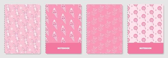 Cover page templates. Vector Cartoon sweets and toys prints. Applicable patterns for notebooks, planners, brochures, books, catalogs etc. Seamless patterns, easy to re-size.