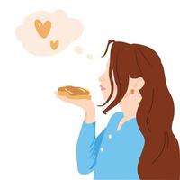 linda chica oliendo pan tostado y mantequilla de maní. ilustración vectorial para el día nacional de la mantequilla de maní. comer una ilustración saludable. vector