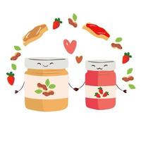 ilustración vectorial para los amantes del día de la mantequilla de maní y la jalea. pan tostado, tarro de mantequilla de maní y mermelada de fresa. Personajes de caricatura. vector