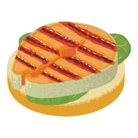 Salmon sandwich icon isometric vector. Sandwich with red fish piece and spinach vector