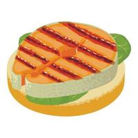 icono de sándwich de salmón vector isométrico. Sándwich con trozo de pescado rojo y espinacas