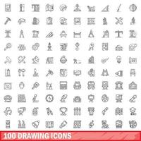 100 drawing icons set, outline style vector