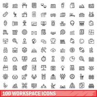 100 workspace icons set, outline style vector