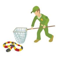 Coral snake icon isometric vector. Young man with landing net near milk snake vector