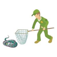 Purple snake icon isometric vector. Man in uniform with landing net near snake vector