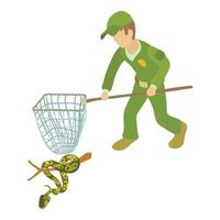 Tree python icon isometric vector. Man in uniform with landing net near python vector