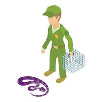 Creeping snake icon isometric vector. Man in uniform near brightly colored snake vector